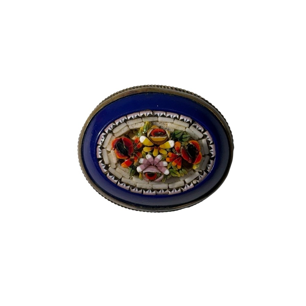 Vintage Italian Gold Tone Blue Background Floral Bouquet Micro Mosaic Brooch Pin